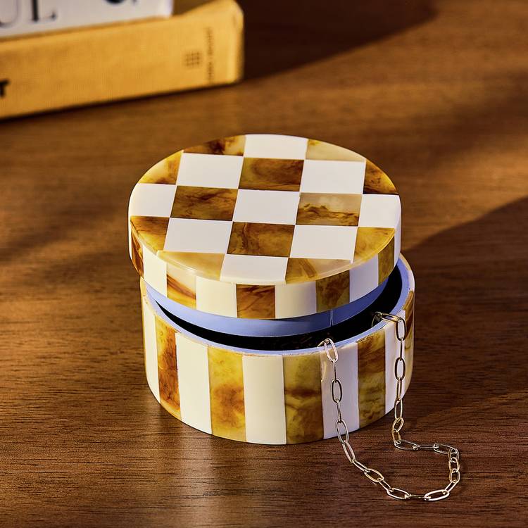 Habitat checkered round trinket box brown cream 9.5cm (British brand)