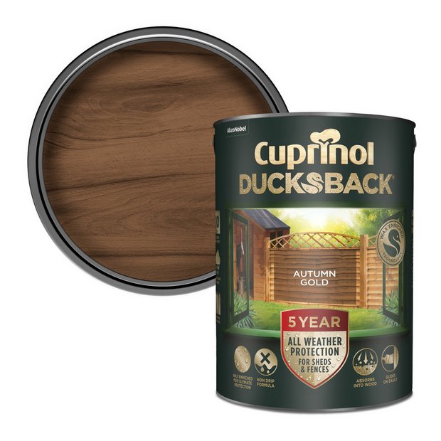Cuprinol Ducksback Autumn Gold 5L paint, imported from the UK