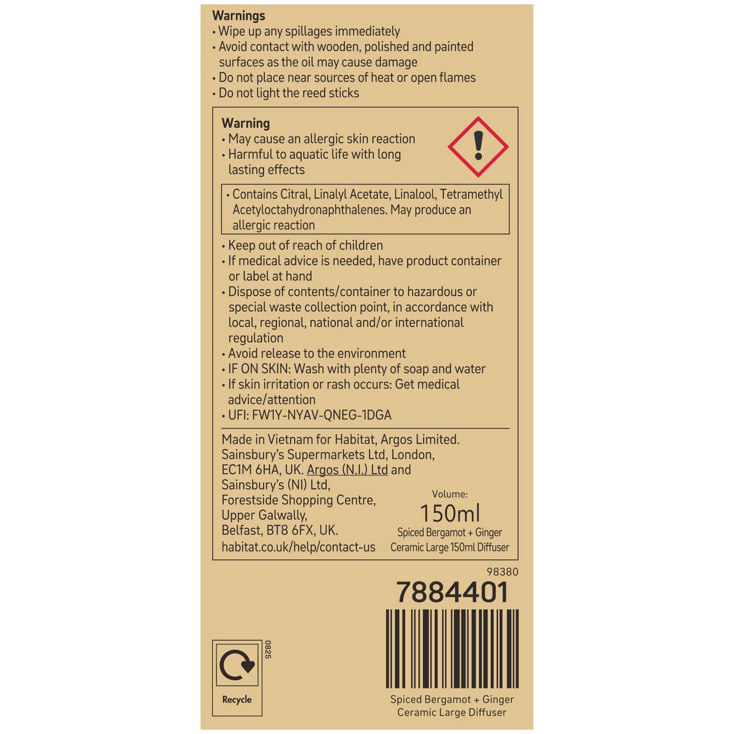Habitat Spiced Bergamot & Ginger reed diffuser 150ml, imported from the UK
