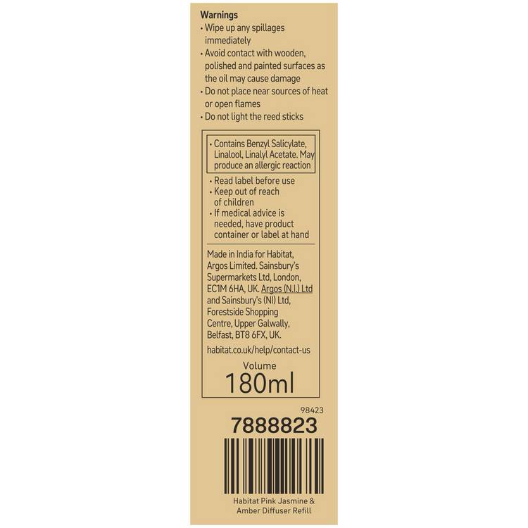 Habitat diffuser refill Pink Jasmine and Amber 180ml, imported from the UK