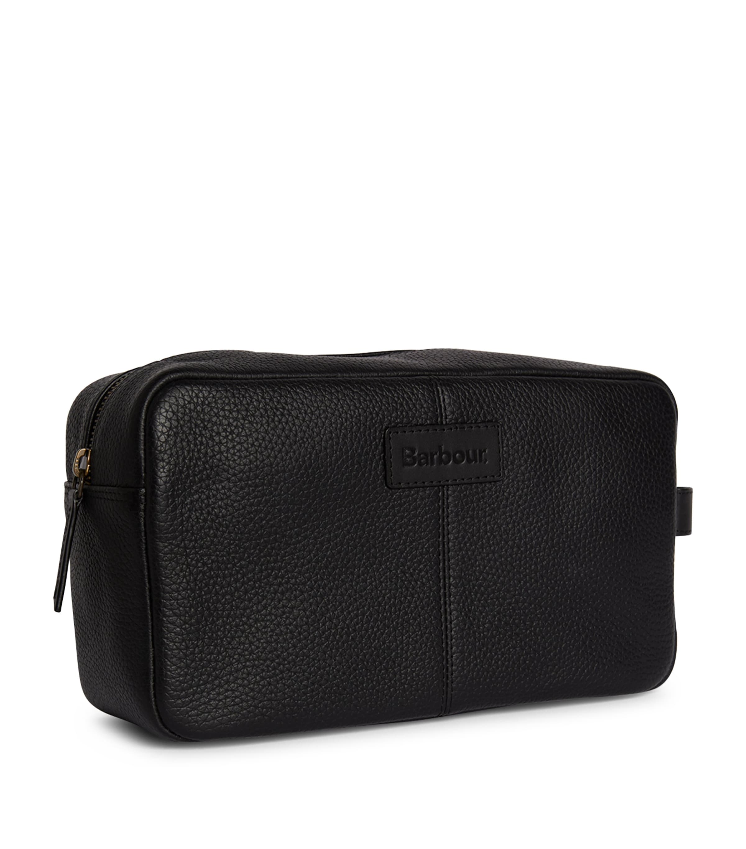 Barbour leather travel wash bag with grab handle and exterior pocket - British product