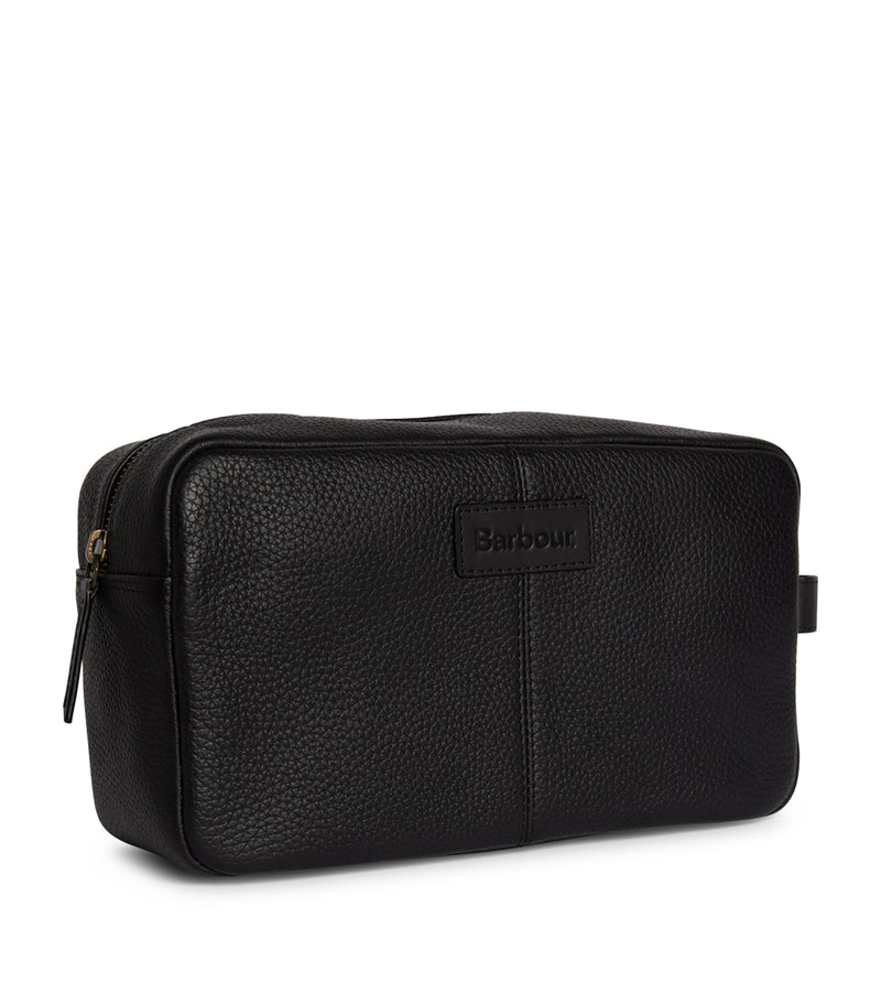 Barbour leather travel wash bag with grab handle and exterior pocket - British product