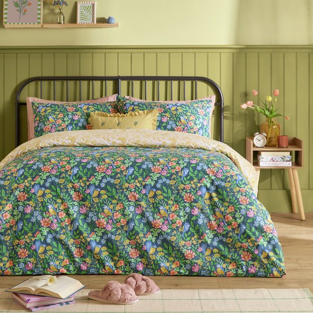 Furn navy floral bird reversible bedding set single, UK version