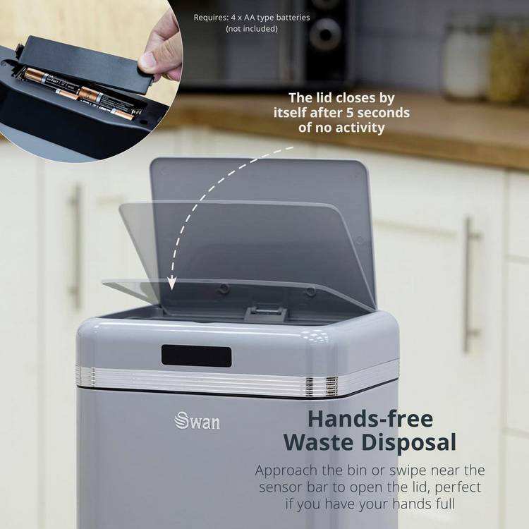 Swan retro square sensor bin 45l grey (British brand)