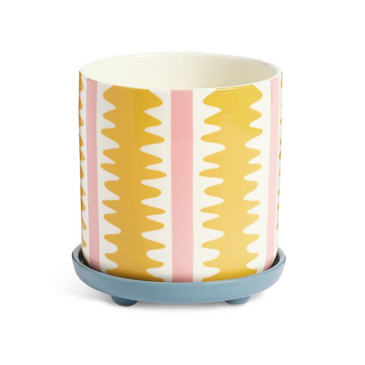 Habitat ceramic yellow striped planter with saucer, UK version