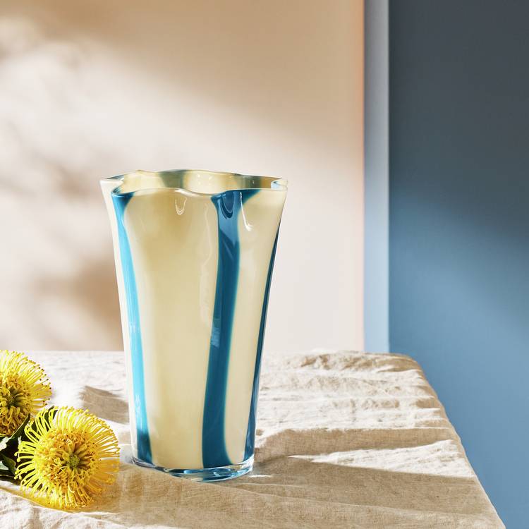 Habitat blue and white handkerchief stripe milk glass vase 29cm, imported from the UK