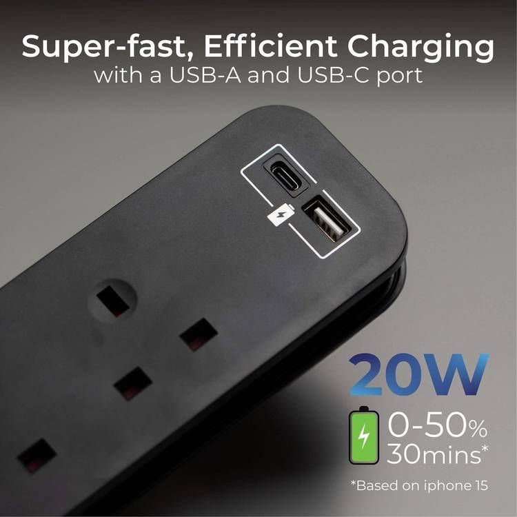 Masterplug 2 socket USB extension lead with travel case, imported from the UK