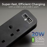 Masterplug 2 socket USB extension lead with travel case, imported from the UK