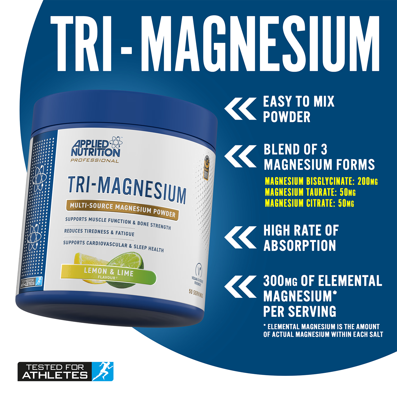 Applied Nutrition Tri-Magnesium Powder Lemon & Lime 200g, imported from the UK