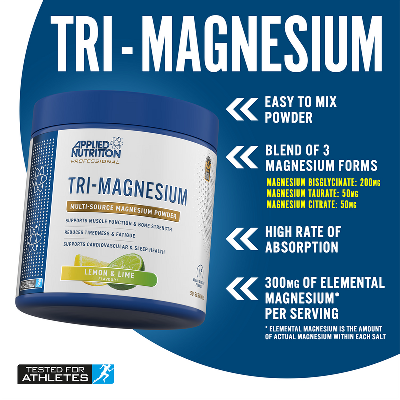 Applied Nutrition Tri-Magnesium Powder Lemon & Lime 200g, imported from the UK