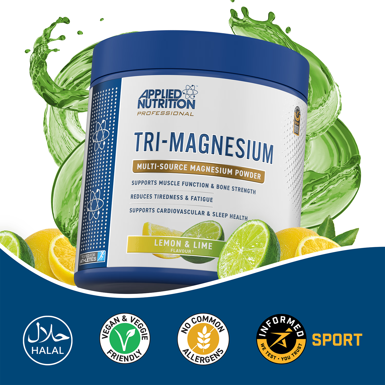 Applied Nutrition Tri-Magnesium Powder Lemon & Lime 200g, imported from the UK