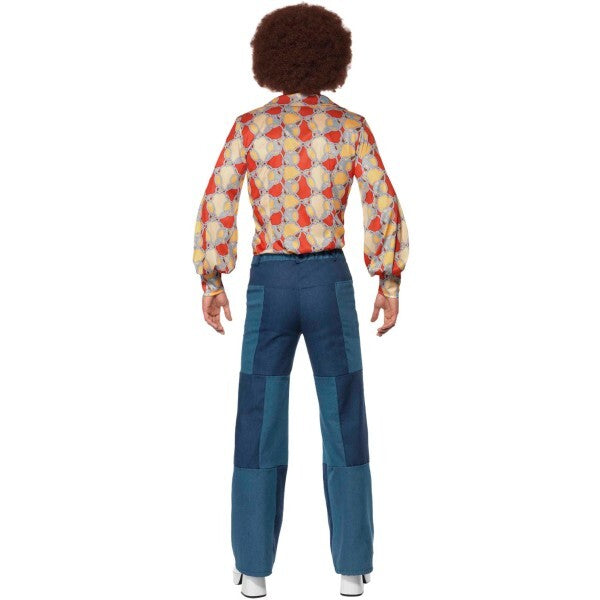 Smiffys 1970s retro costume blue shirt patchwork denim trousers, UK version