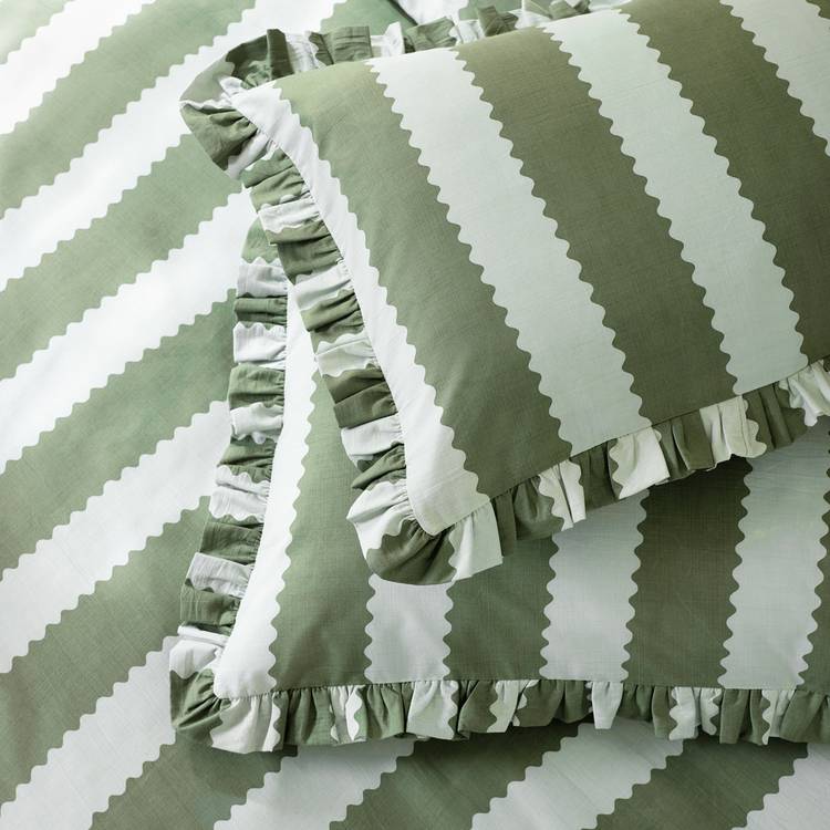 Wylder Birdie Stripe ruffle green bedding set double, imported from the UK