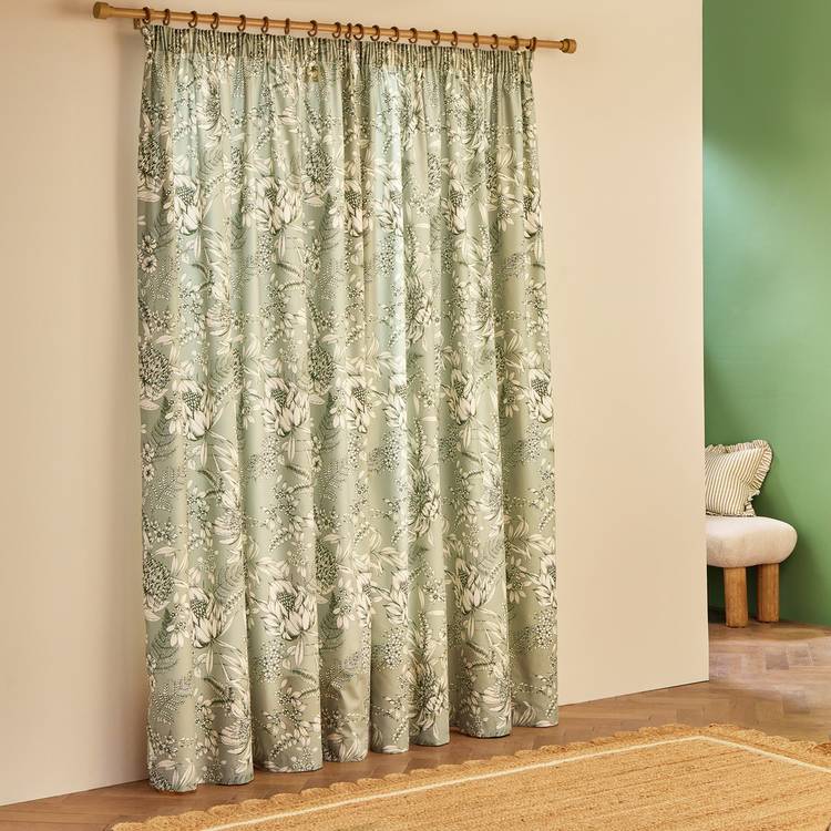 Habitat botanical print pencil pleat curtains sage 117x137cm, UK version