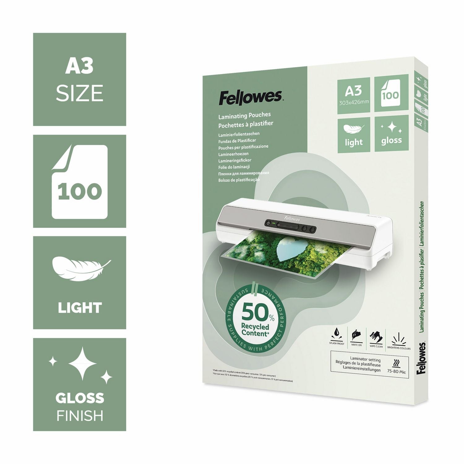 Fellowes A3 gloss laminating pouches pack of 100 - British product