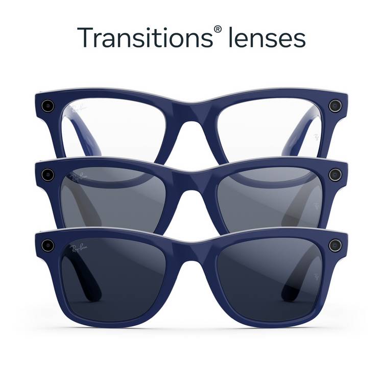 Ray-Ban Meta Wayfarer smart glasses shiny blue Transitions Sapphire lenses (British brand)