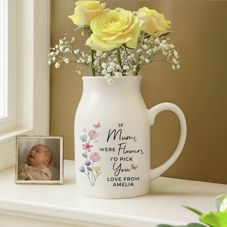 Small white ceramic jug vase personalised with message, imported from the UK