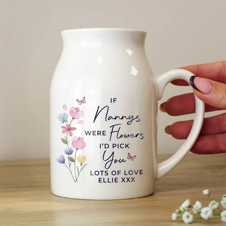 Small white ceramic jug vase personalised with message, imported from the UK