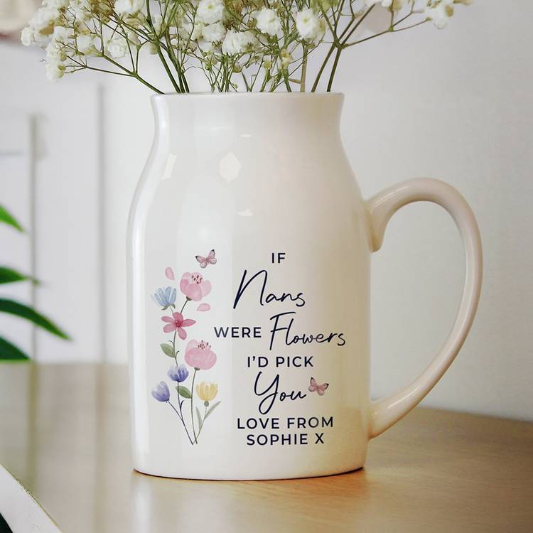 Small white ceramic jug vase personalised with message, imported from the UK