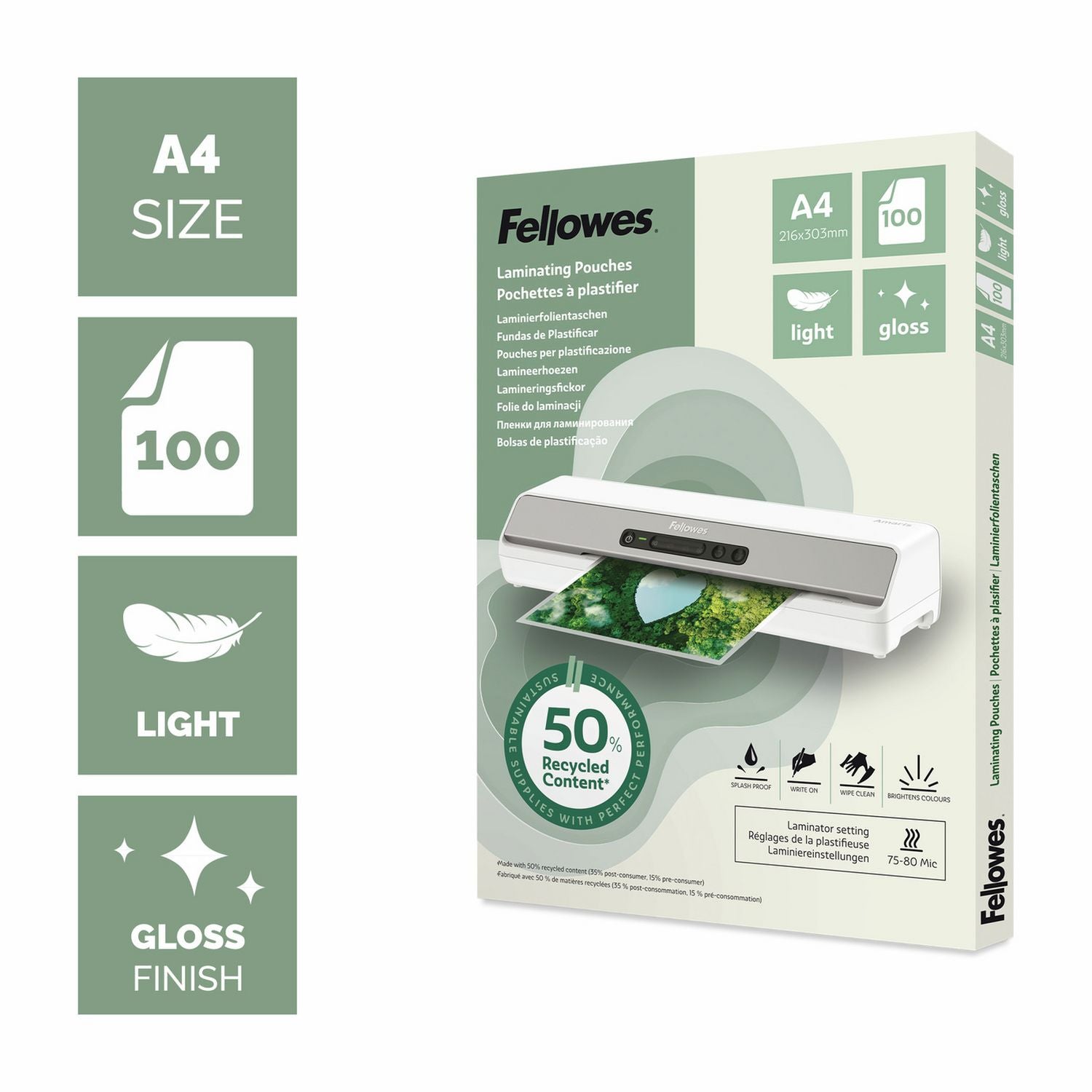 Fellowes A4 gloss laminating pouches 100 pack - British product
