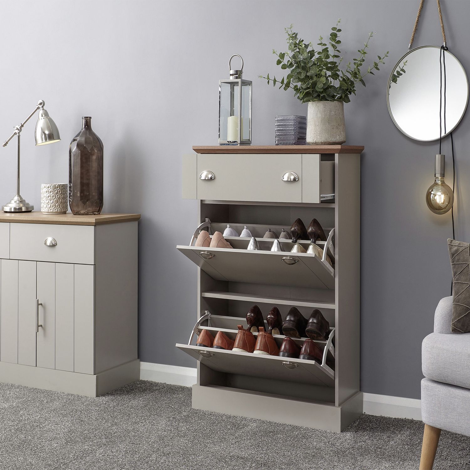 GFW Kendal grey shoe storage cabinet, imported from the UK