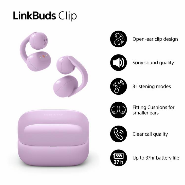 Sony LinkBuds Clip open-ear earbuds Lavender - British product
