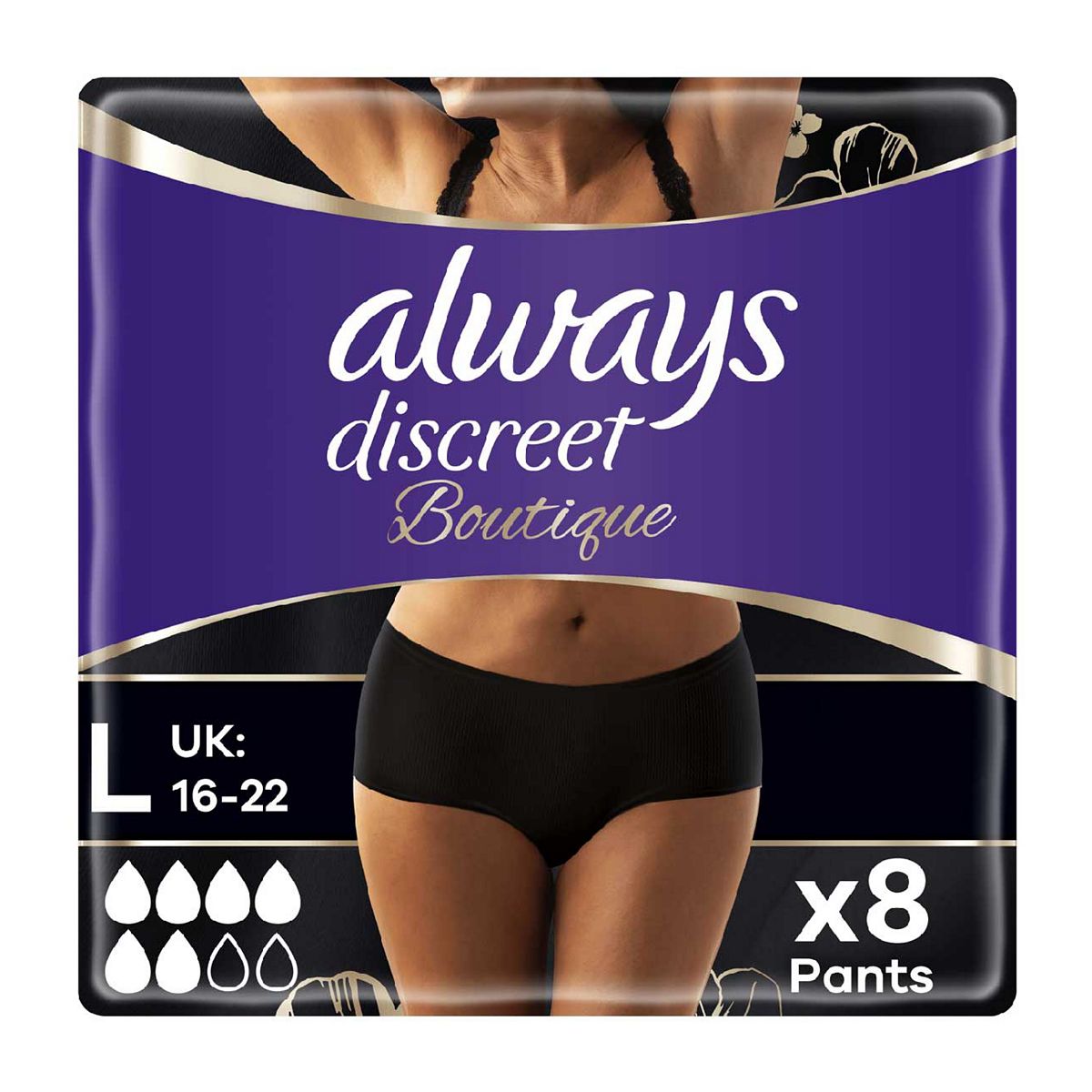 Always Discreet Boutique Incontinence Pants Low-Rise Large Black x8 Women's Toiletries Boots   