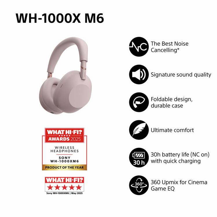 Sony WH-1000XM6 noise-cancelling headphones sand pink, UK version