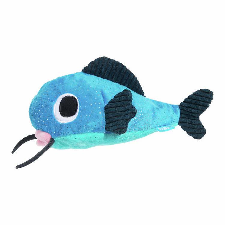 Bark Catfish Claude dog chew toy with crinkles, imported from the UK