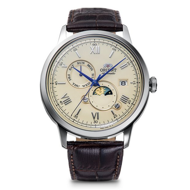 Orient Bambino sun and moon watch brown leather strap, imported from the UK