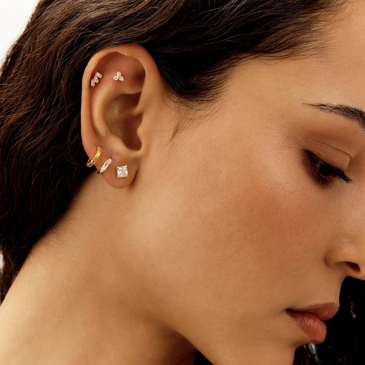 Revere baguette trilogy flatback earring in silver, imported from the UK