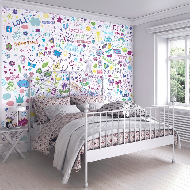 Origin Murals social doodle text purple wall mural (British brand)