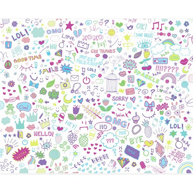 Origin Murals social doodle text purple wall mural (British brand)
