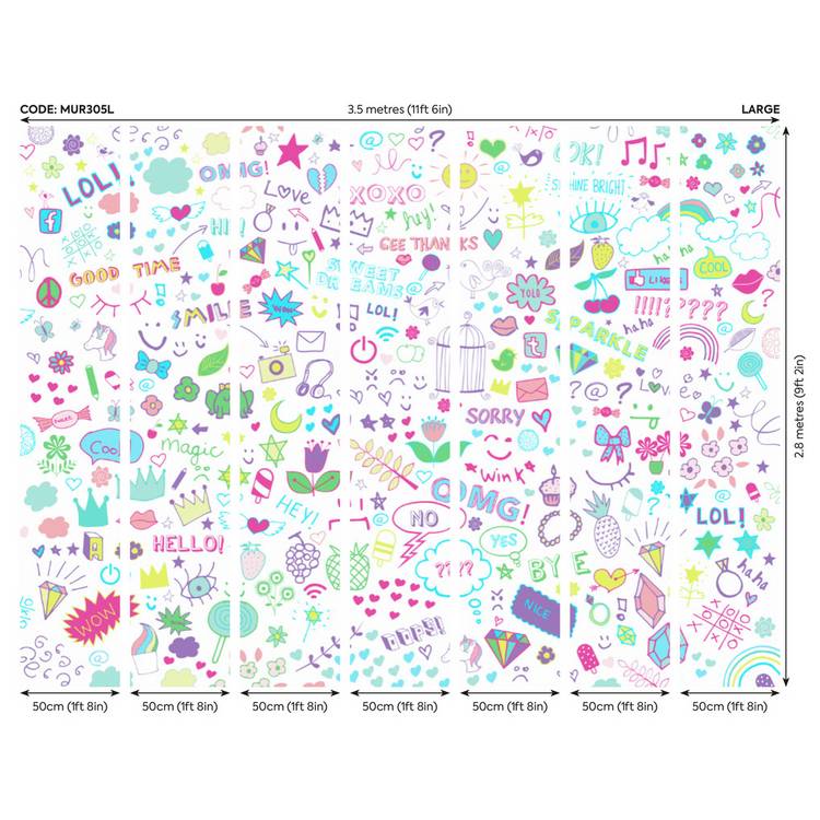 Origin Murals social doodle text purple wall mural (British brand)