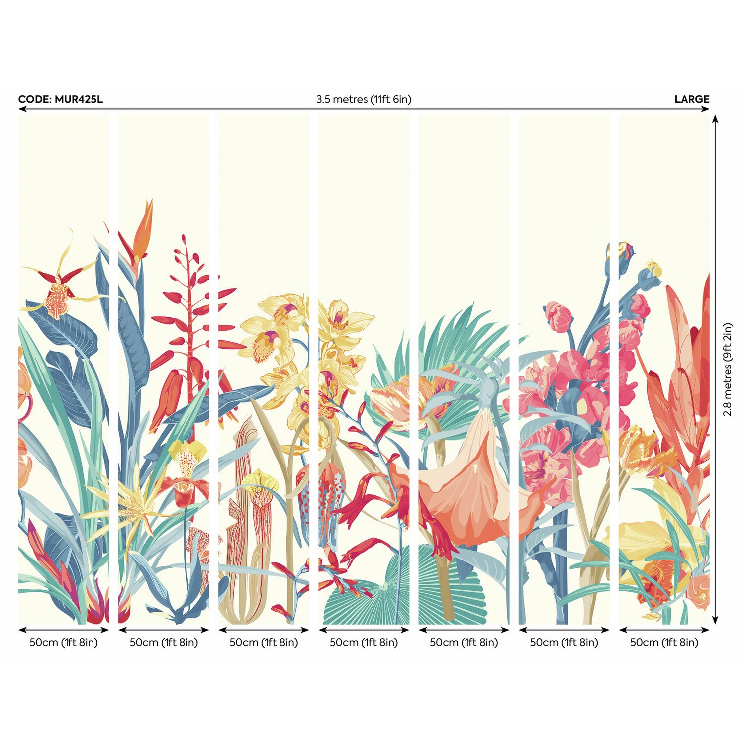 Origin Murals tropical foliage wall mural petrol and coral, imported from the UK