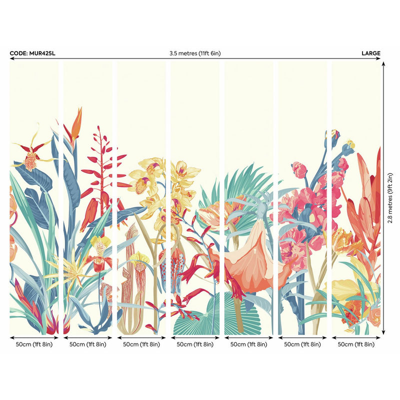 Origin Murals tropical foliage wall mural petrol and coral, imported from the UK
