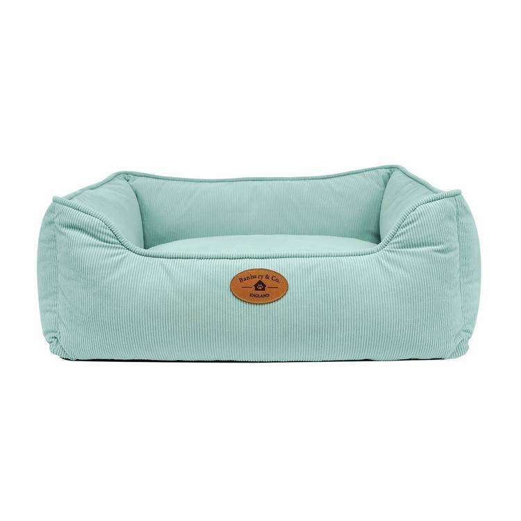 Banbury & Co seafoam corduroy box bed for small dogs, imported from the UK