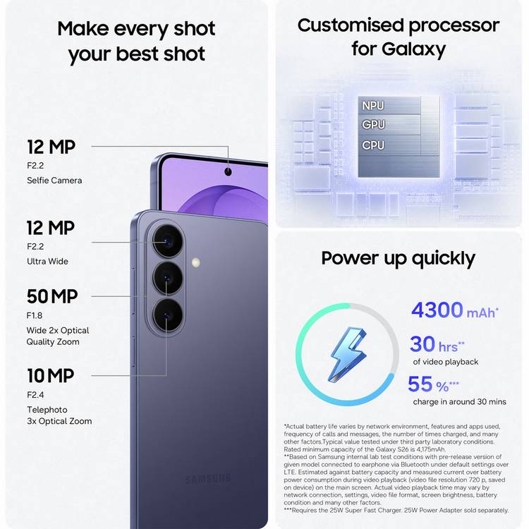 Samsung Galaxy S26 phone Cobalt Violet 512GB, imported from the UK