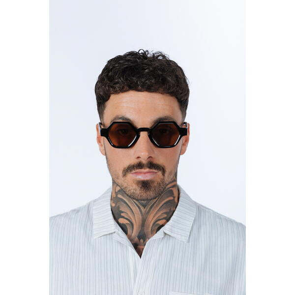 SVNX round hexagon sunglasses in black and brown (British brand)