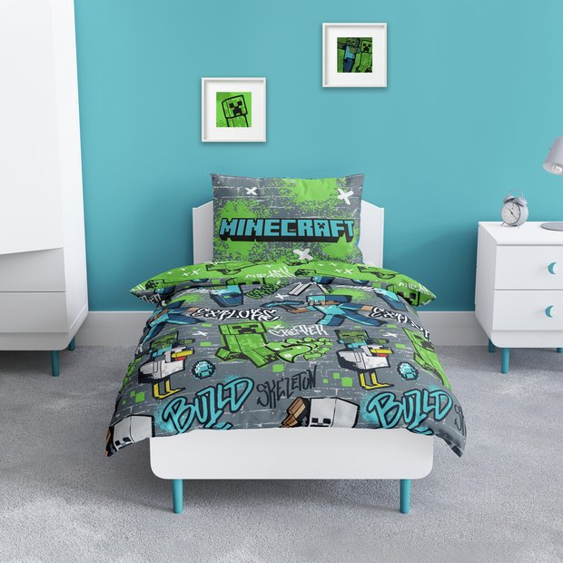 Minecraft kids grey bedding set single duvet cover pillowcase - British product