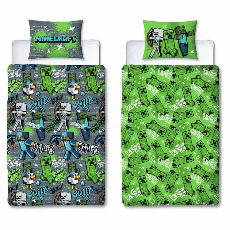 Minecraft kids grey bedding set single duvet cover pillowcase - British product