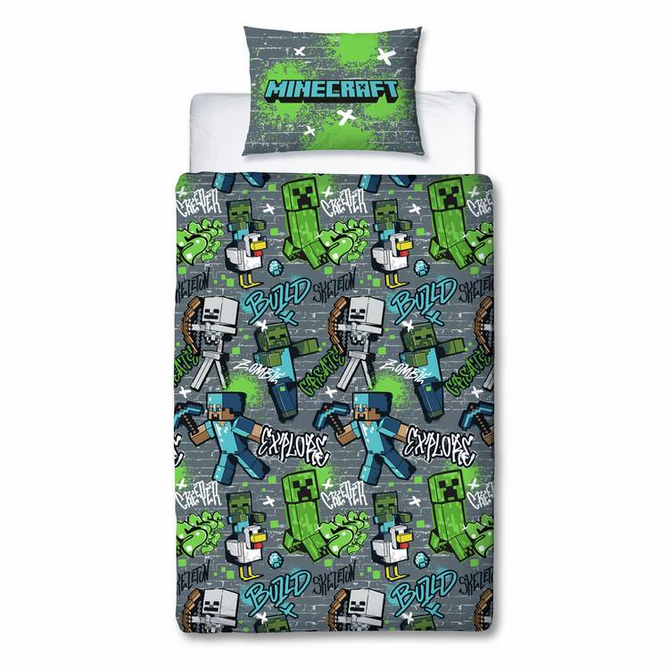 Minecraft kids grey bedding set single duvet cover pillowcase - British product