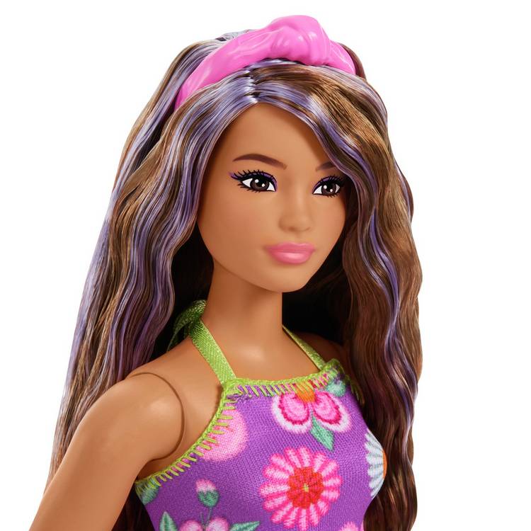 Barbie Fashionista doll with purple hair and floral outfit, imported from the UK