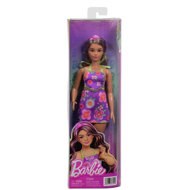 Barbie Fashionista doll with purple hair and floral outfit, imported from the UK