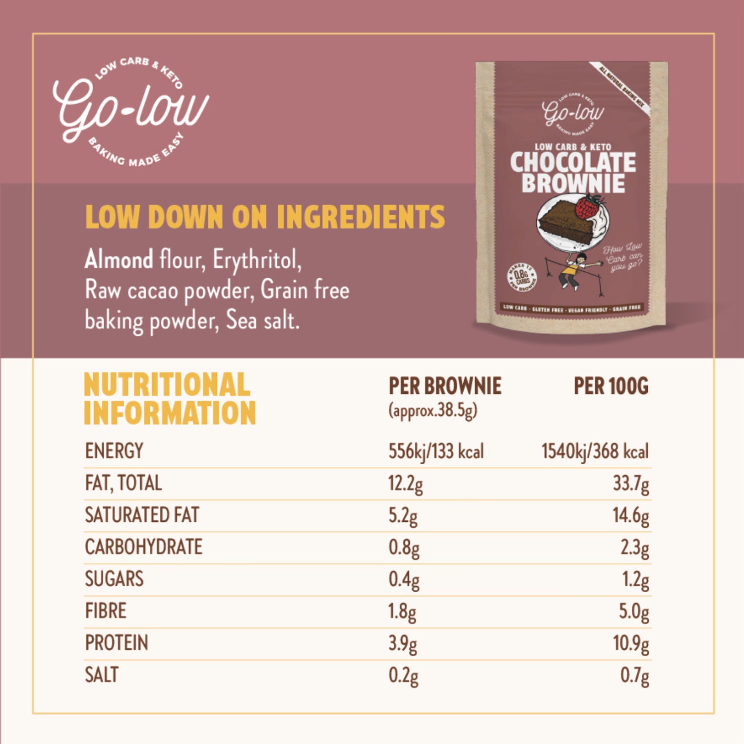 Go Low chocolate brownie mix low sugar keto 218g, UK version