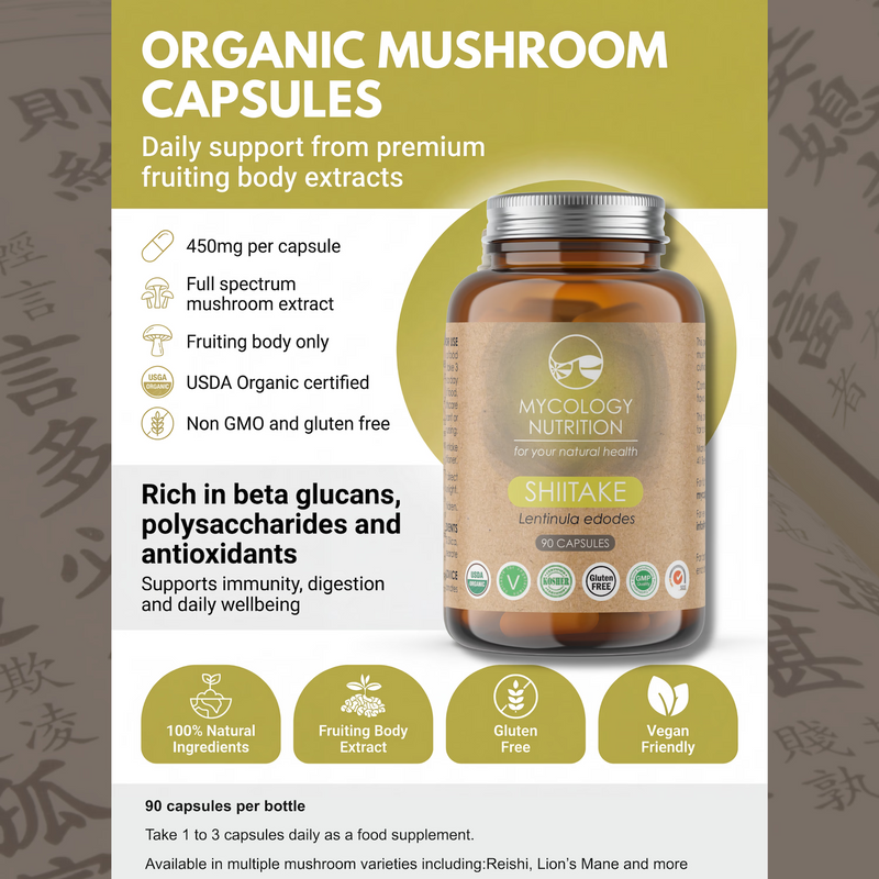 Mycology Nutrition organic shiitake supplement 450mg capsules - British product