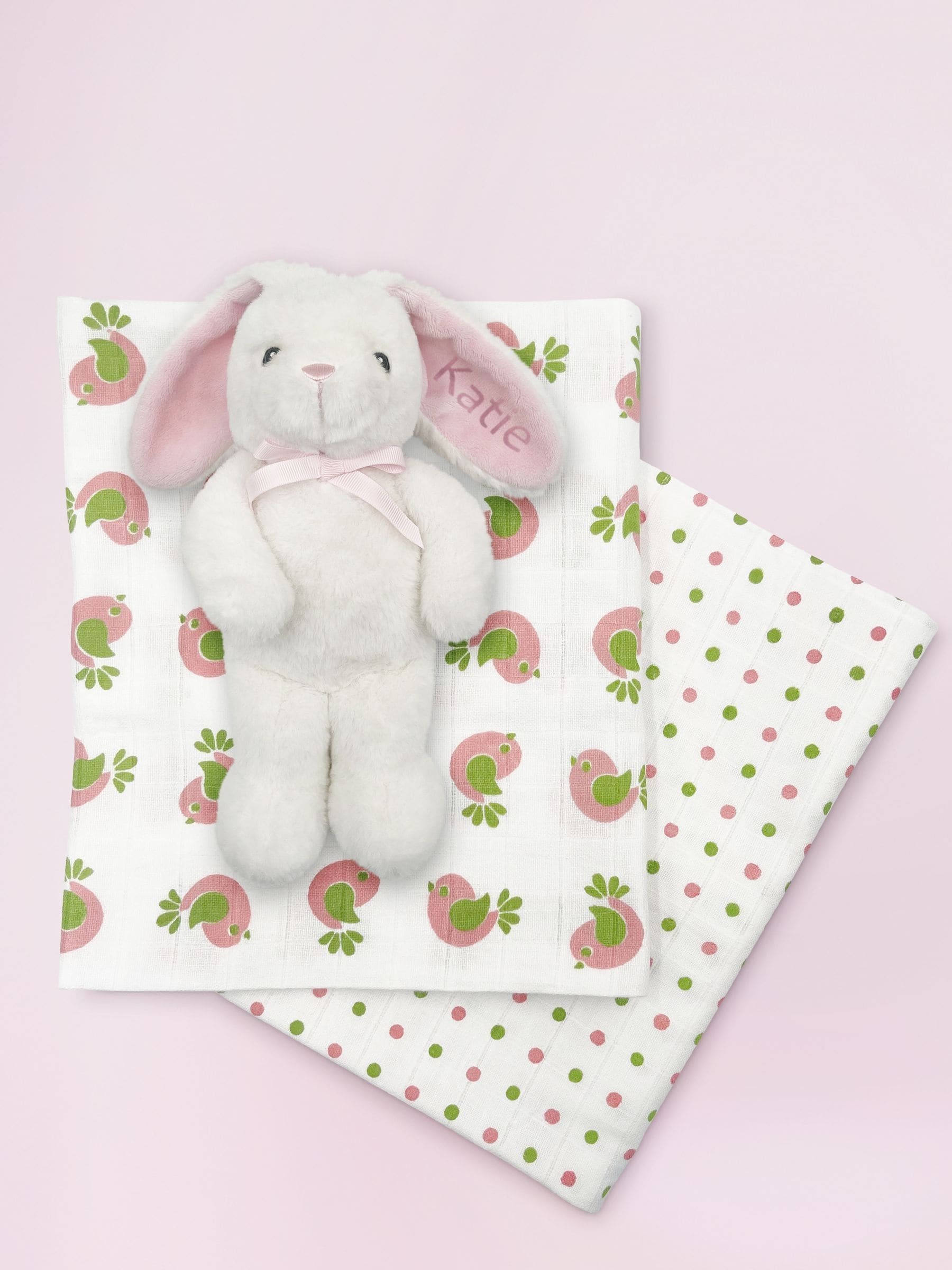Babyblooms personalised bunny gift set with muslin wraps, imported from the UK