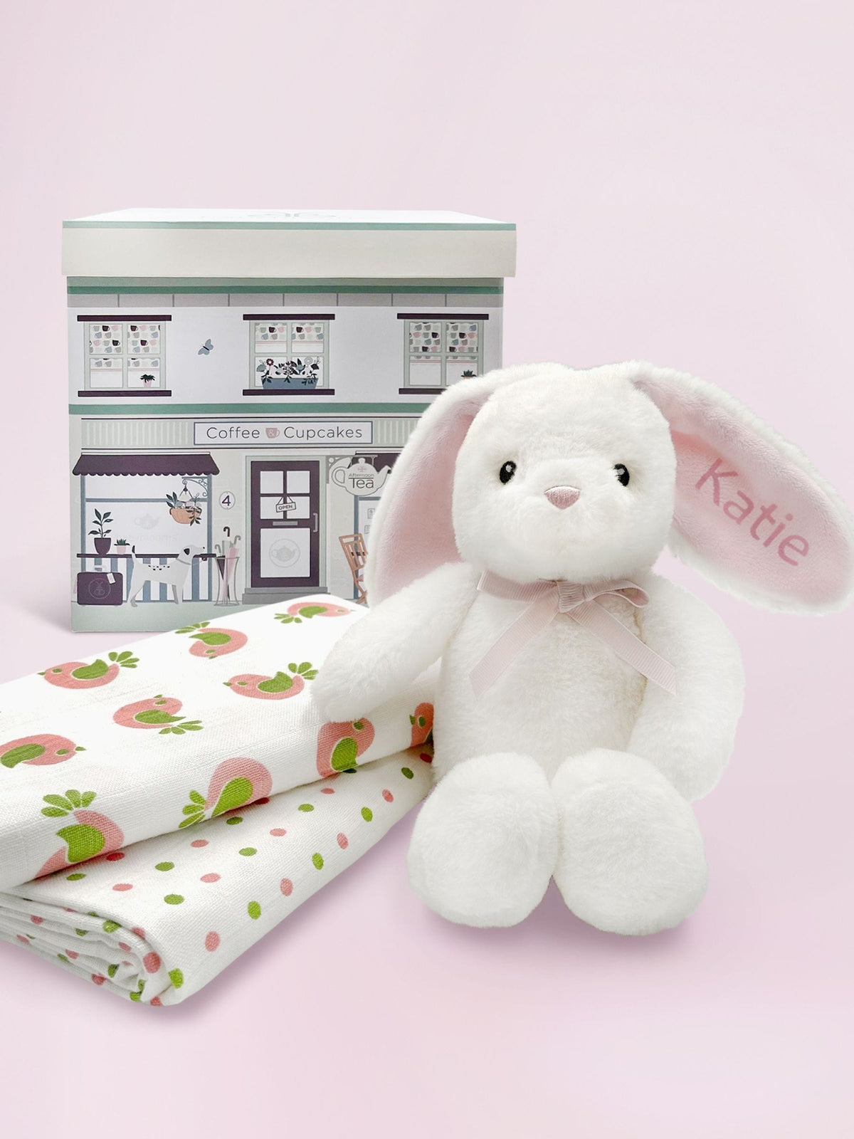 Babyblooms personalised bunny gift set with muslin wraps, imported from the UK