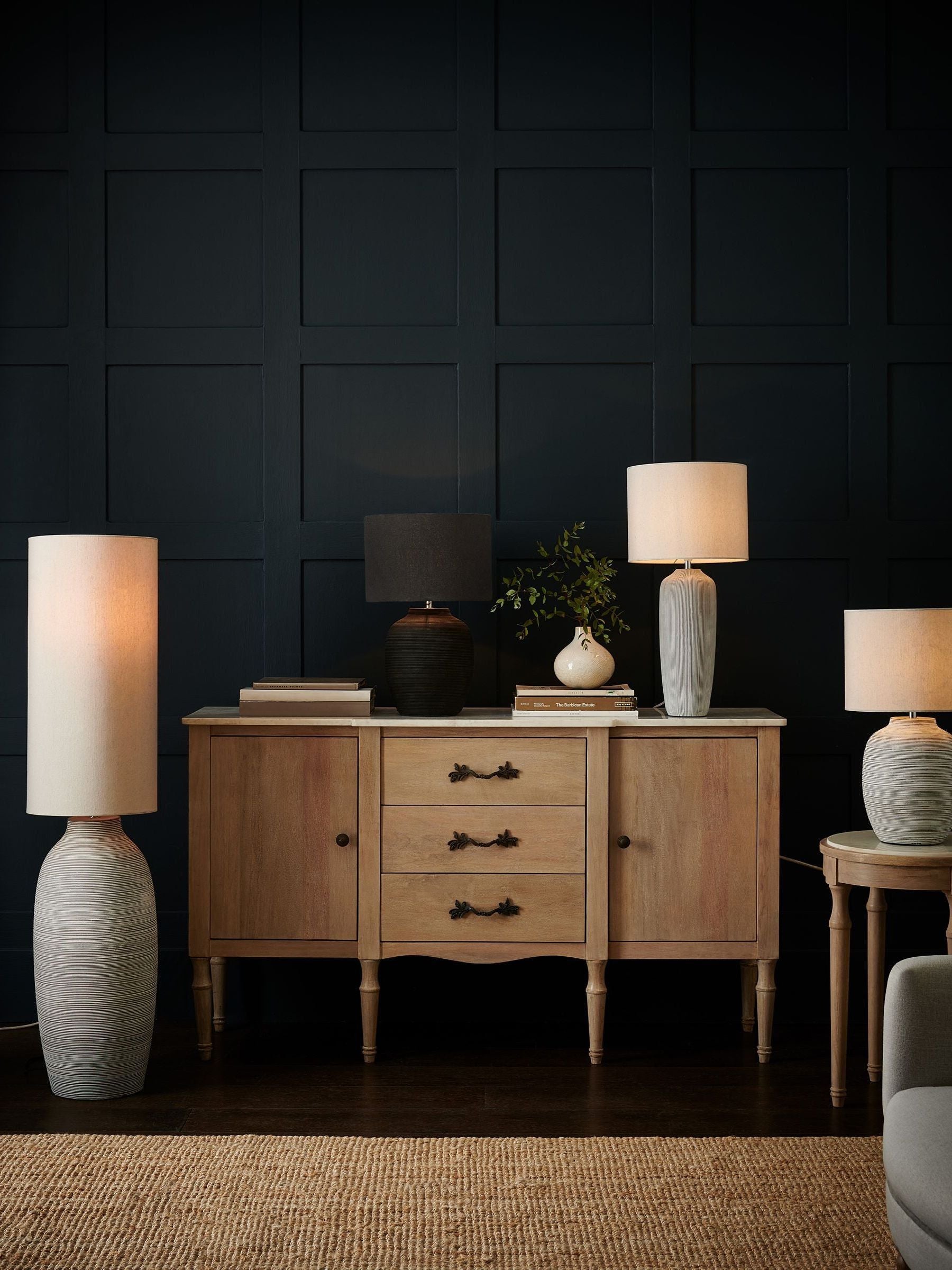 Fairford floor lamp with concrete base and fabric shade - British product