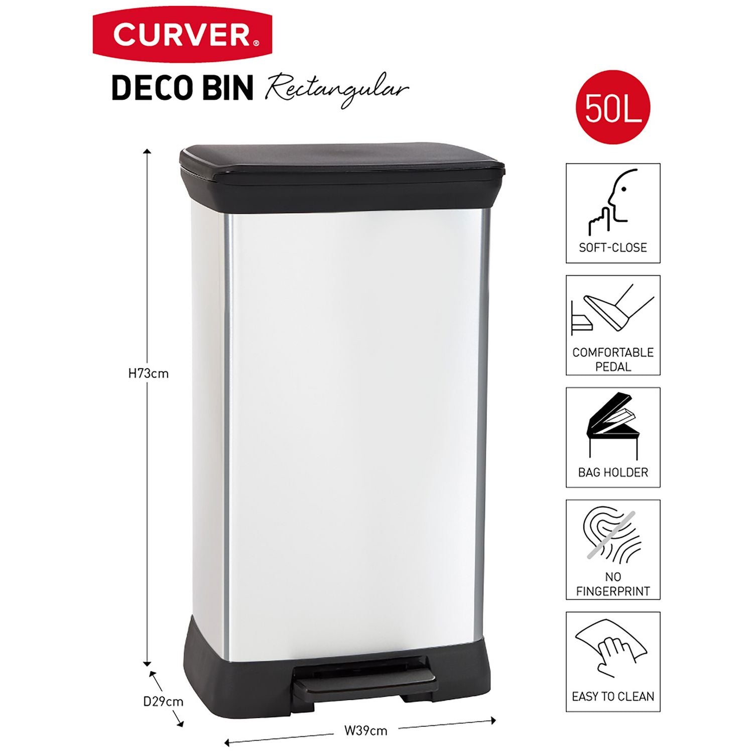 Curver silver pedal bin 50L, UK version